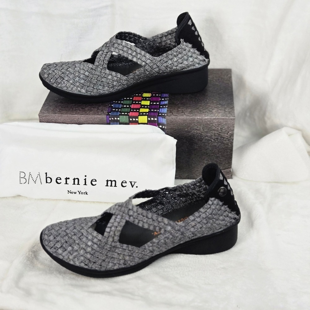 Bernie Mev Lulia Woven Mary Jane Wedge Shoes Silver Grey Metallic Size 40 NIB